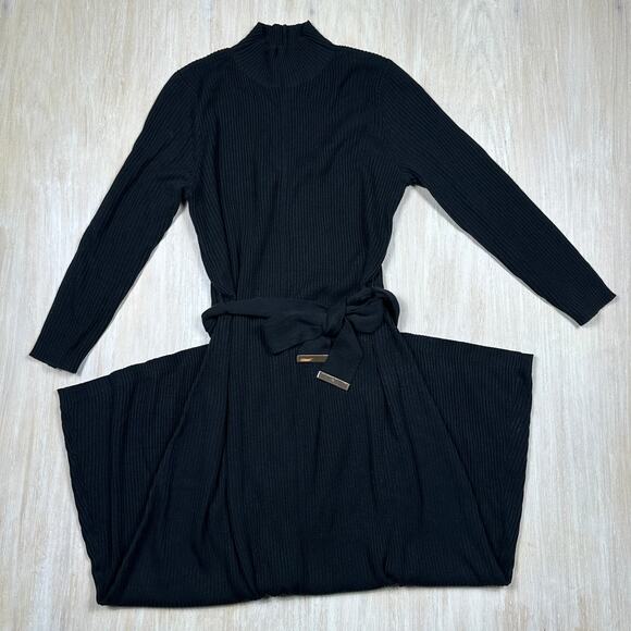 Calvin Klein Black Ribbed Long Sleeve Tie Waist Knit Midi Sweater Dress Large - Picture 1 of 16